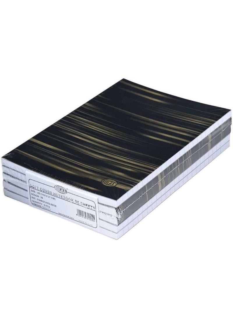 FIS® Notebook Soft Cover, A5 Size(14.8x21cm), 2 Quire, 192 Pages, 96 Sheets, Single Line Ruling, Golden/Black, Packet of 5 Pieces, Design 8-FSNBSCA5GLBK08 - Image 1